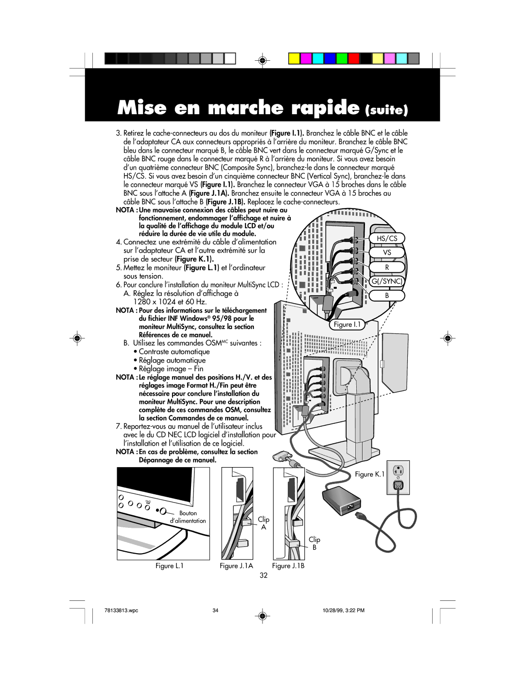 NEC LCD1810 user manual Mettez le moniteur Figure L.1 et l’ordinateur sous tension, 1280 x 1024 et 60 Hz 