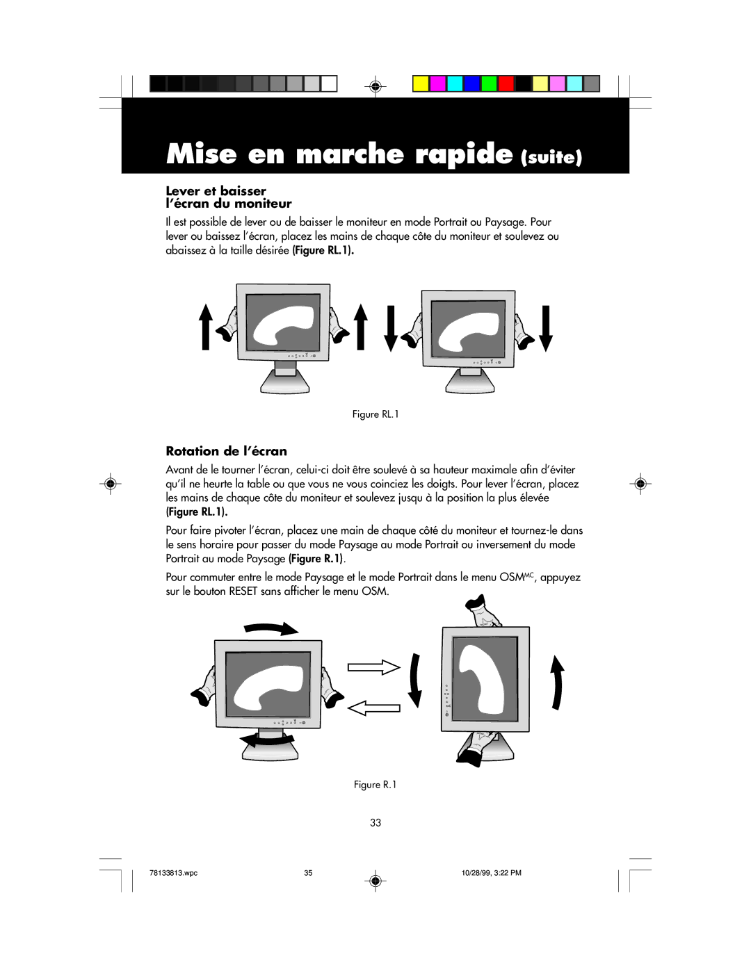 NEC LCD1810 user manual Lever et baisser l’écran du moniteur, Rotation de l’écran 