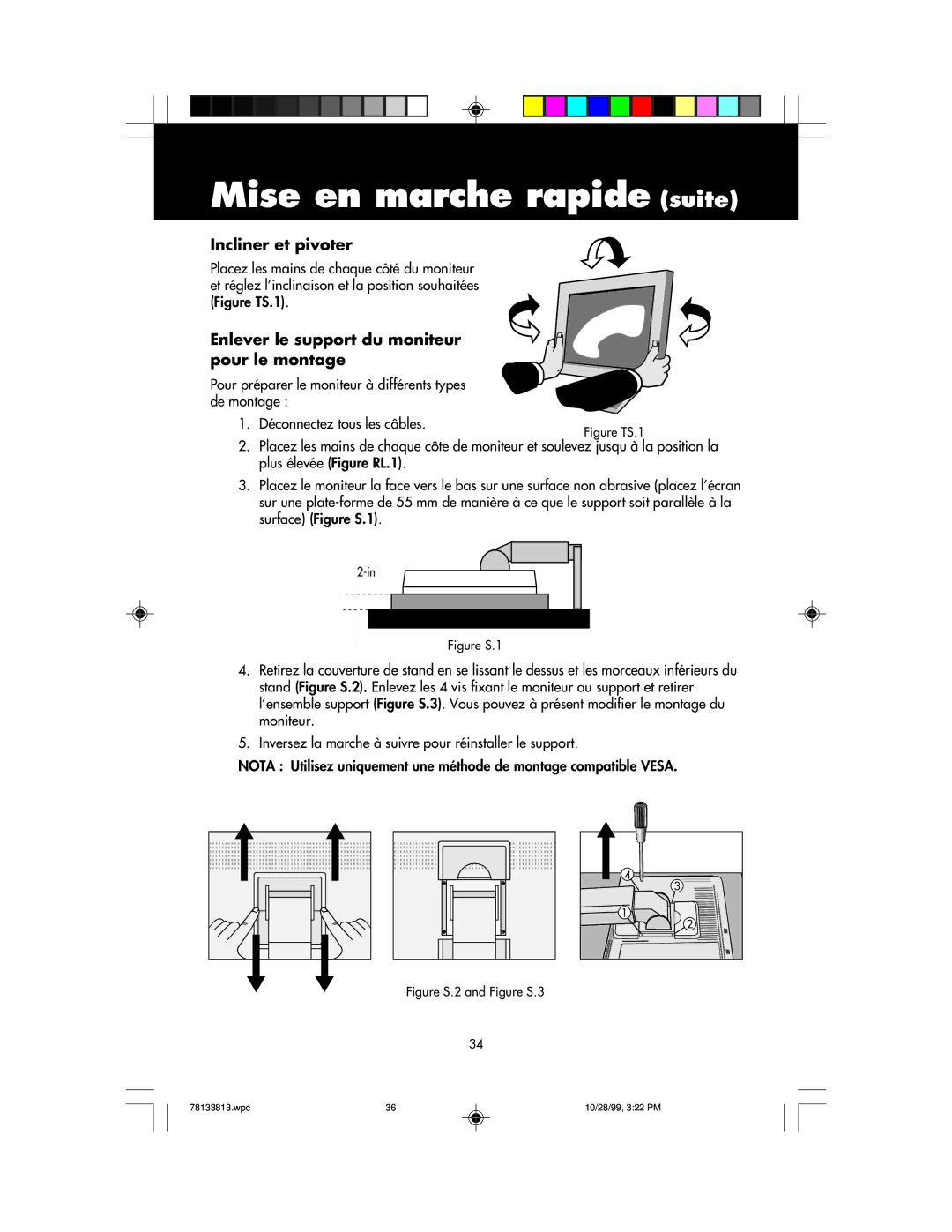 NEC LCD1810 user manual Incliner et pivoter, Enlever le support du moniteur pour le montage 