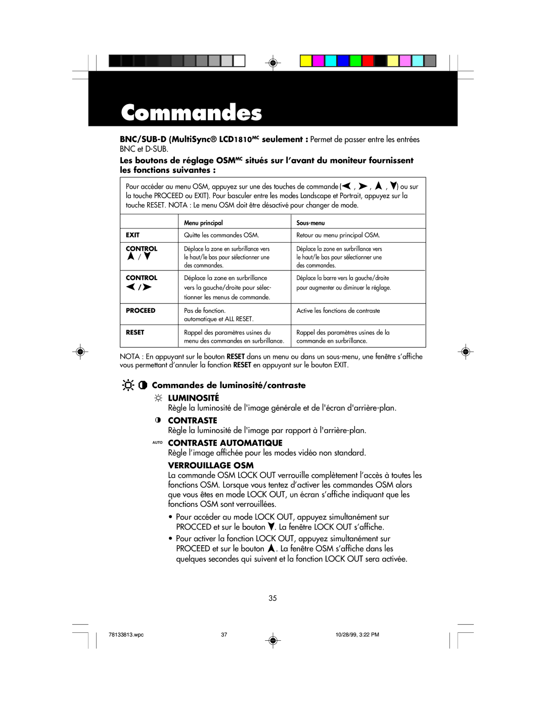 NEC LCD1810 user manual Commandes, Règle la luminosité de limage par rapport à larrière-plan 