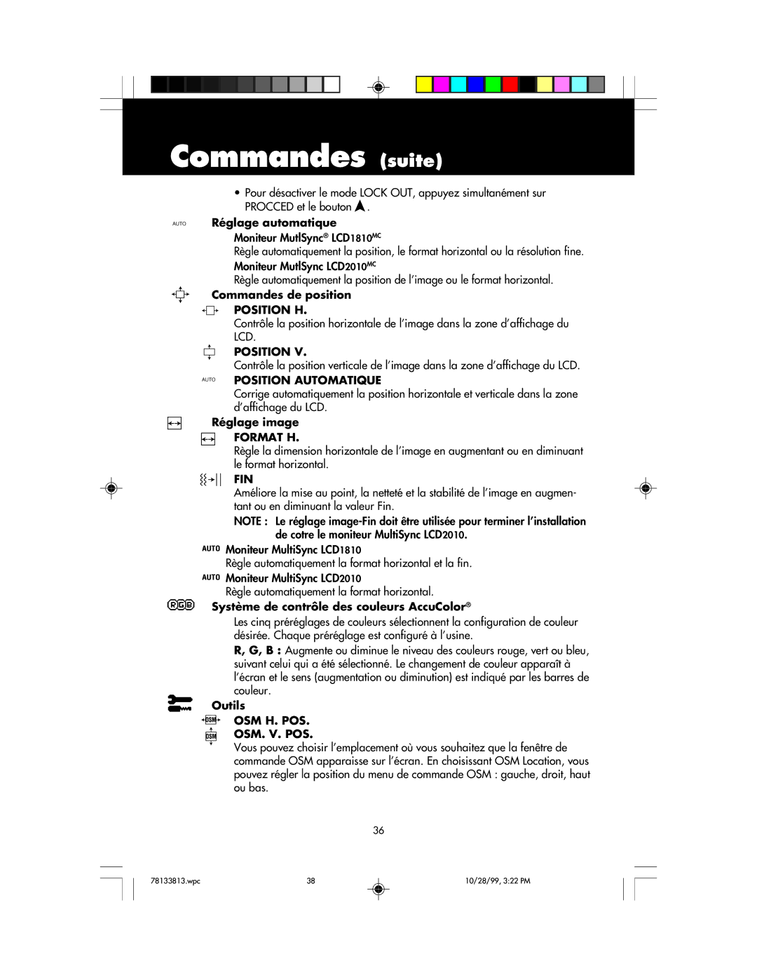 NEC LCD1810 user manual Commandes suite, ’affichage du LCD 