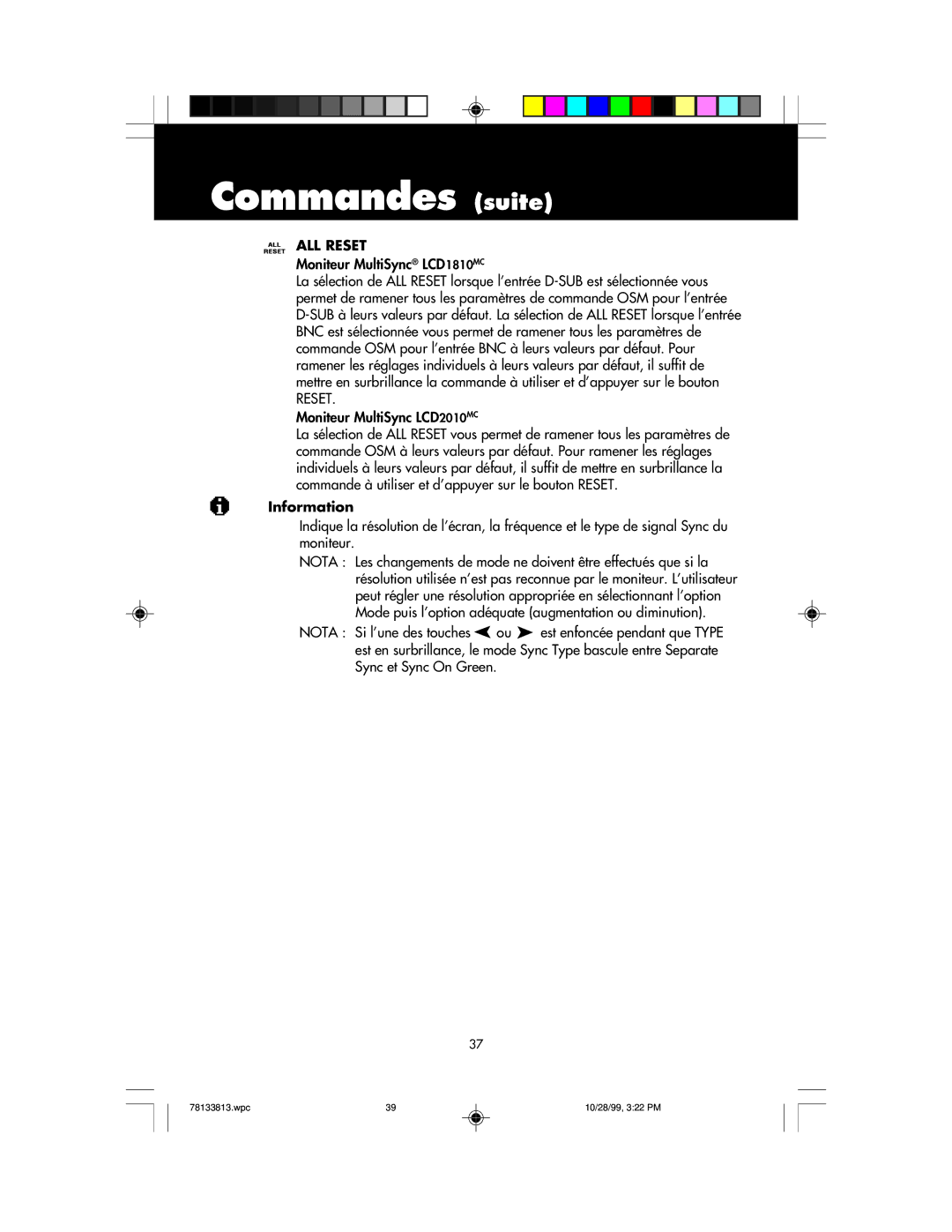 NEC user manual Moniteur MultiSync LCD1810MC, Moniteur MultiSync LCD2010MC 