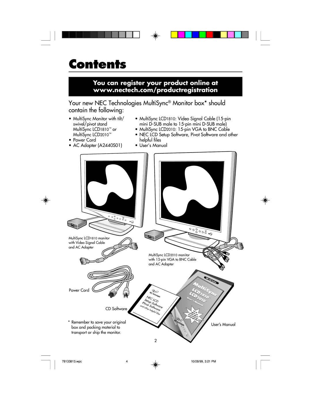 NEC LCD1810 user manual Contents 