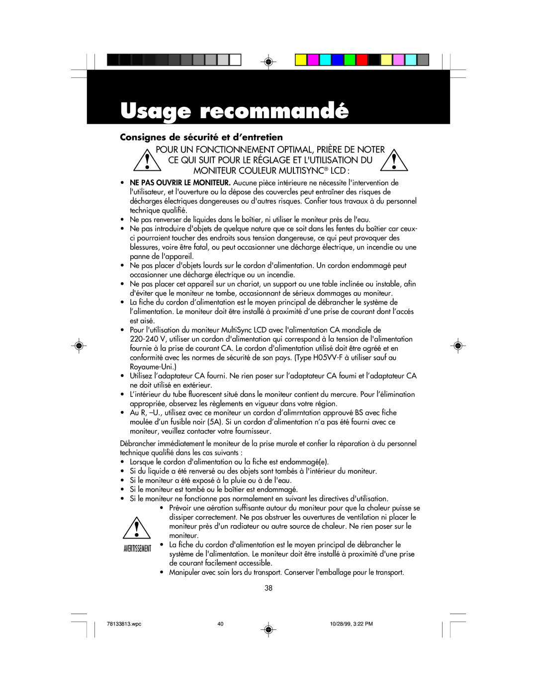 NEC LCD1810 user manual Usage recommandé, Consignes de sécurité et d’entretien 