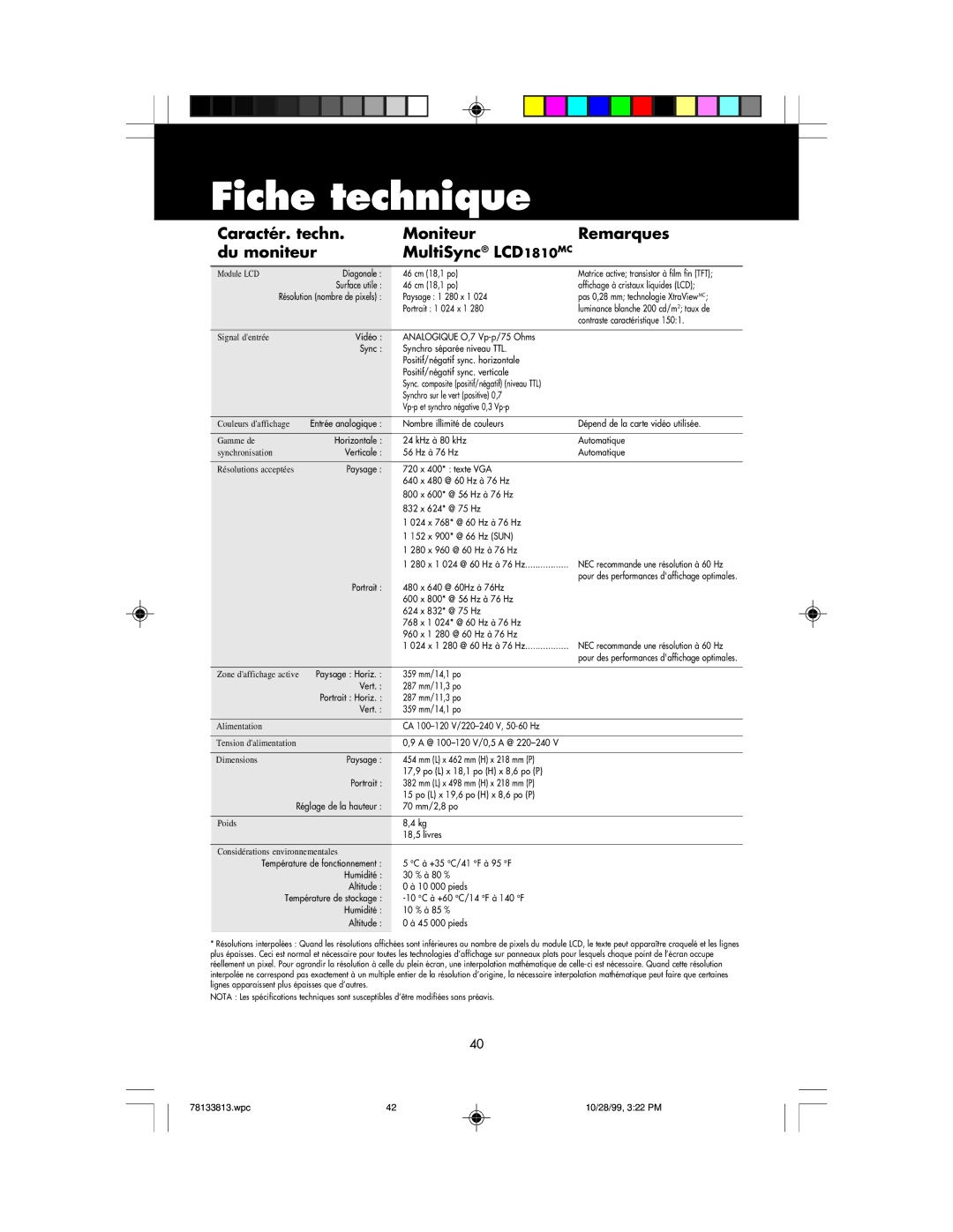 NEC LCD1810 user manual Fiche technique 