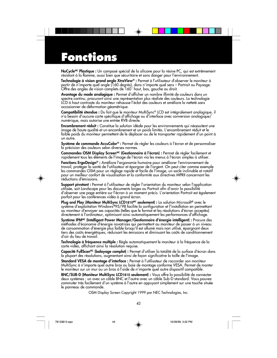 NEC LCD1810 user manual Fonctions 