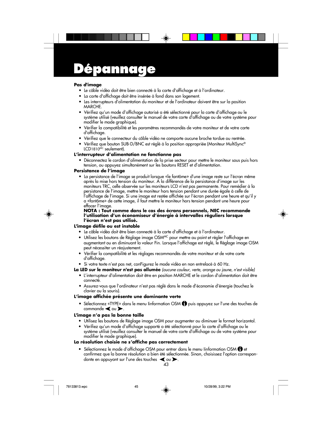 NEC LCD1810 user manual Dépannage, Pas dimage 