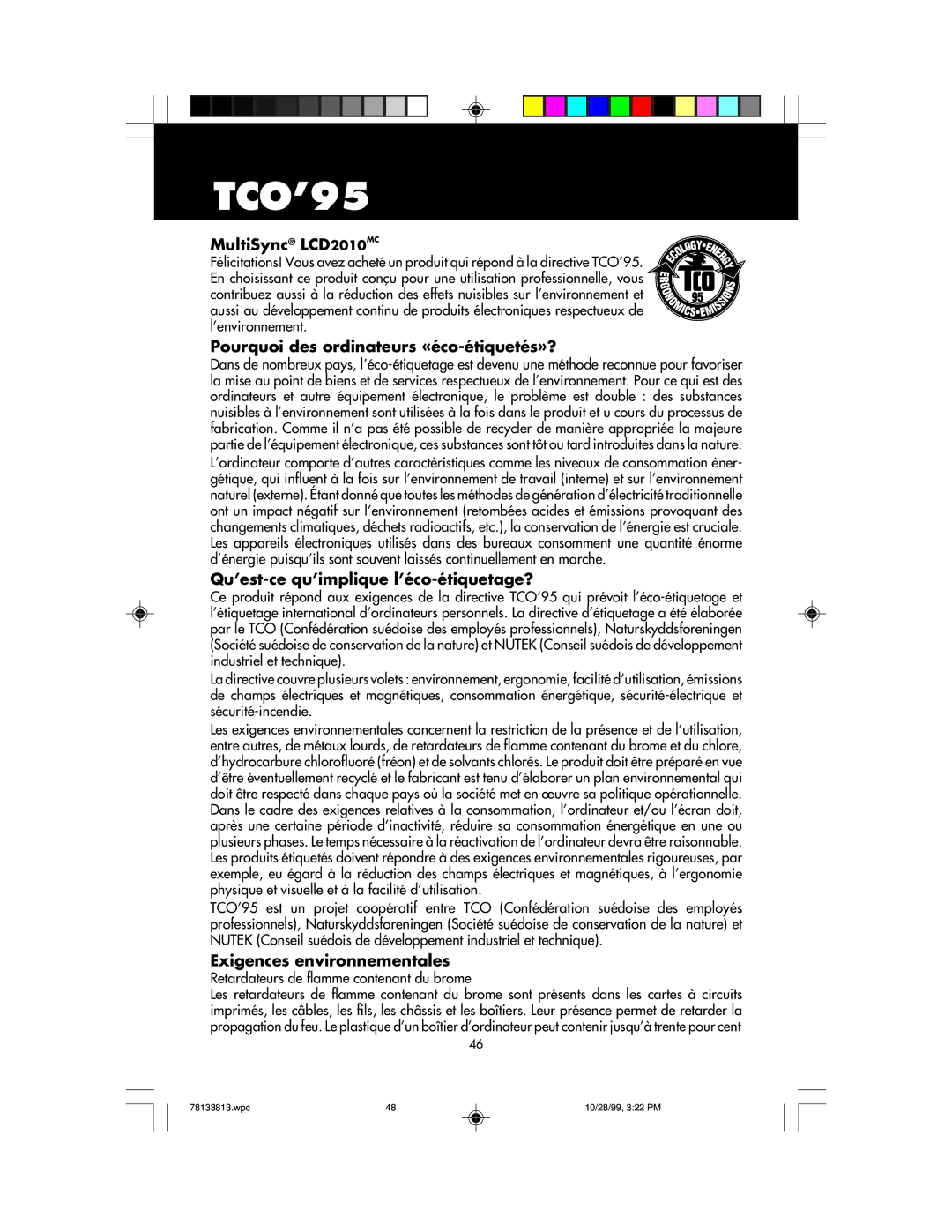 NEC LCD1810 user manual TCO’95, Pourquoi des ordinateurs «éco-étiquetés»?, Qu’est-ce qu’implique l’éco-étiquetage? 