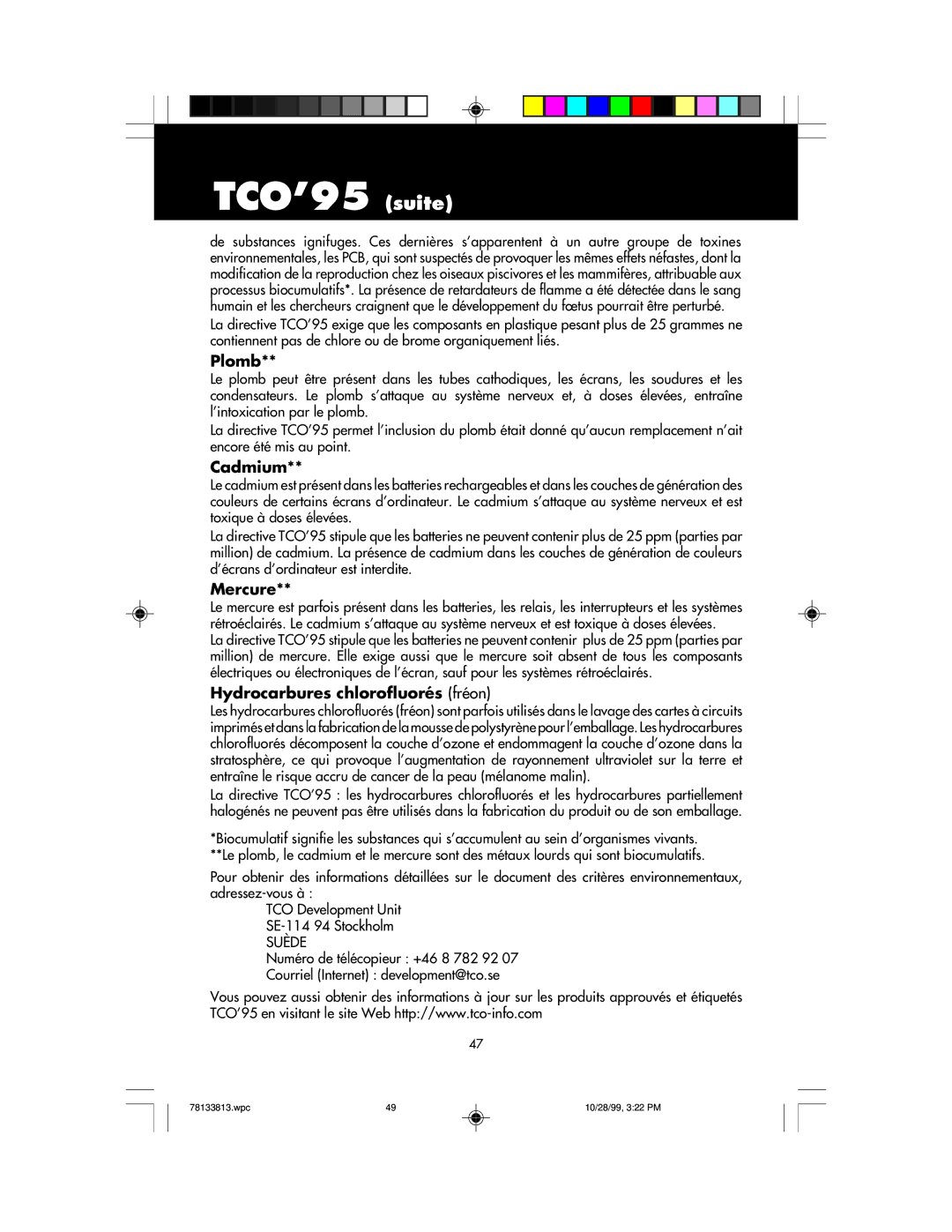 NEC LCD1810 user manual TCO’95 suite, Plomb, Mercure, Hydrocarbures chlorofluorés fréon 