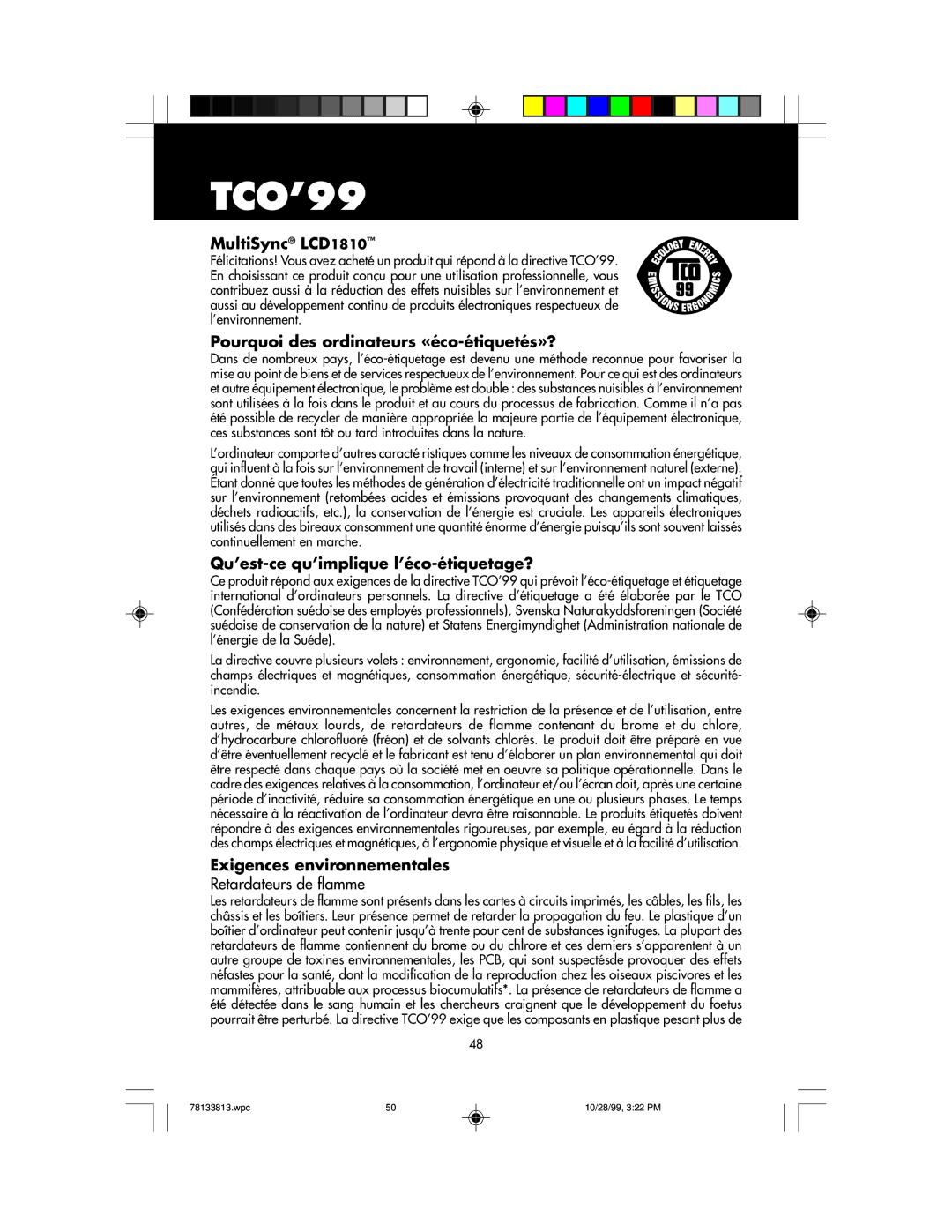 NEC LCD1810 user manual TCO’99, Retardateurs de flamme 