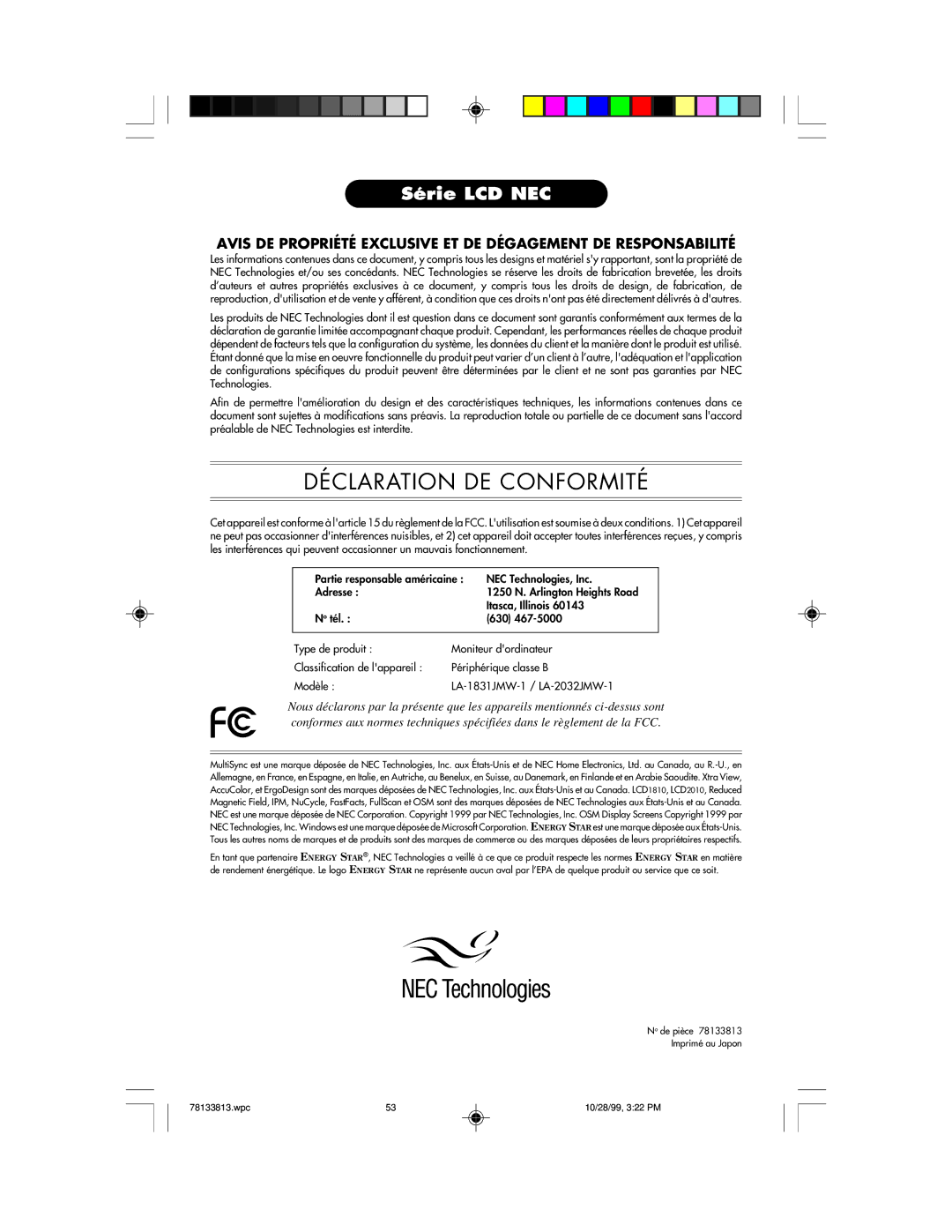 NEC LCD1810 user manual Déclaration DE Conformité 