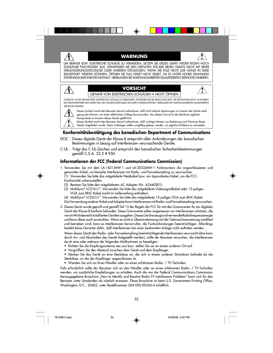 NEC LCD1810 user manual Warnung, Informationen der FCC Federal Communications Commission 