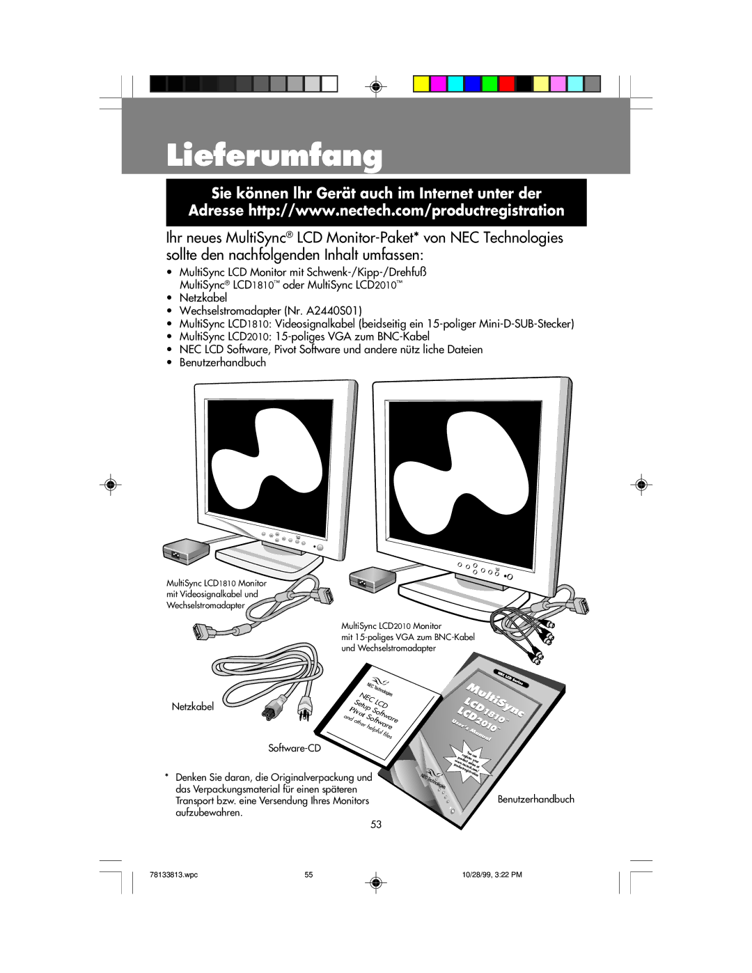 NEC LCD1810 user manual Lieferumfang, Sie können lhr Gerät auch im Internet unter der 