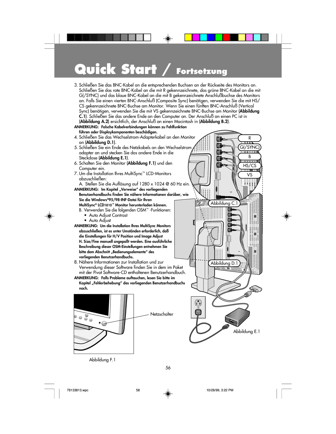 NEC LCD1810 user manual Netzschalter Abbildung E.1 Abbildung F.1 