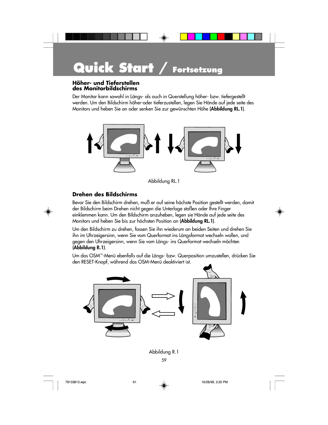 NEC LCD1810 user manual Höher- und Tieferstellen des Monitorbildschirms, Drehen des Bildschirms, Abbildung RL.1 