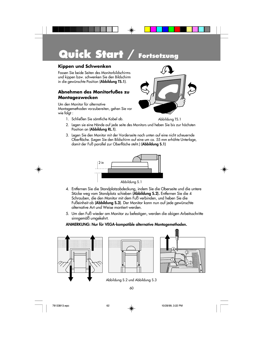 NEC LCD1810 user manual Kippen und Schwenken, Abnehmen des Monitorfußes zu Montagezwecken 