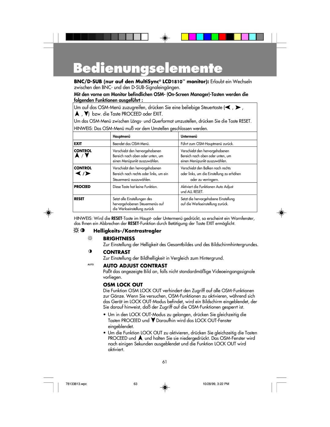 NEC LCD1810 user manual Bedienungselemente, OSM Lock OUT 