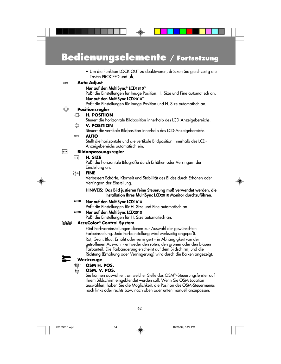 NEC LCD1810 user manual Bedienungselemente / Fortsetzung 