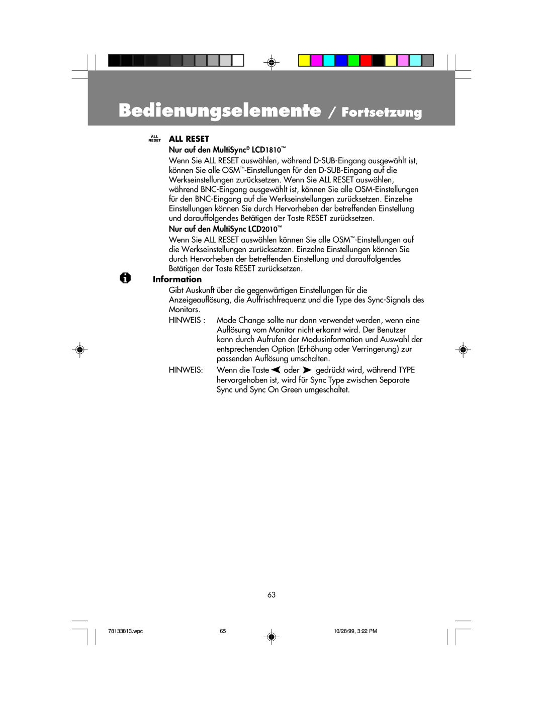 NEC user manual Nur auf den MultiSync LCD1810 