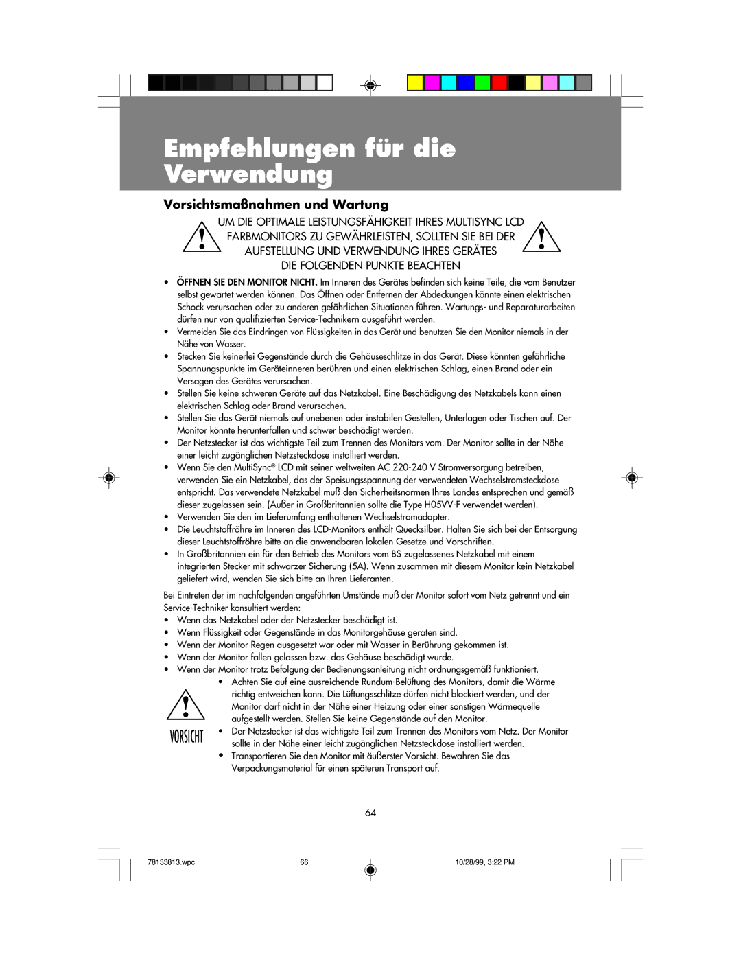 NEC LCD1810 user manual Empfehlungen für die Verwendung, Vorsichtsmaßnahmen und Wartung 