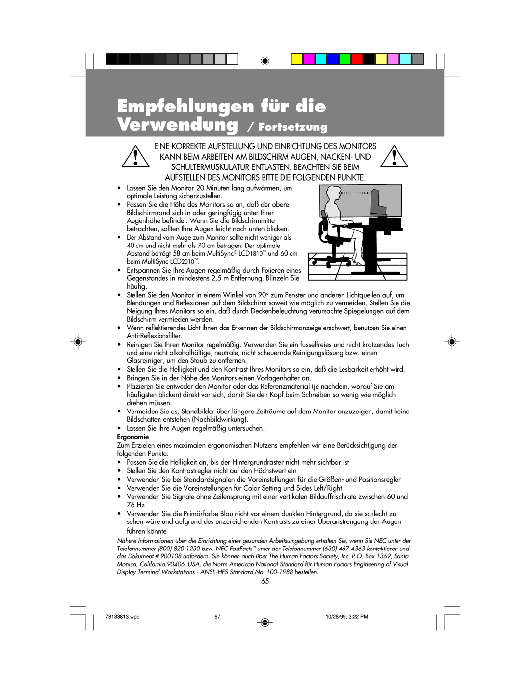 NEC LCD1810 user manual Empfehlungen für die 