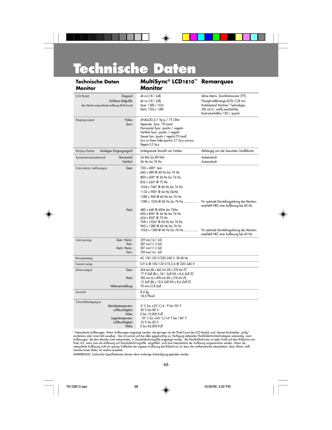 NEC user manual Technische Daten, MultiSync LCD1810 Remarques, Monitor 