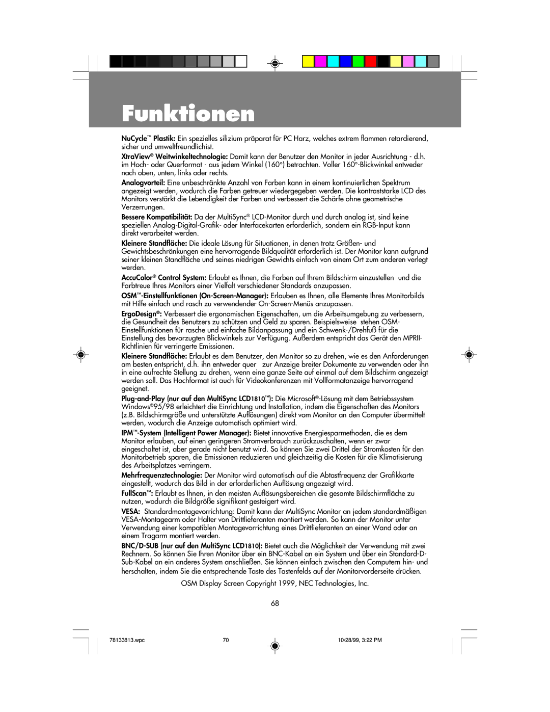 NEC LCD1810 user manual Funktionen 