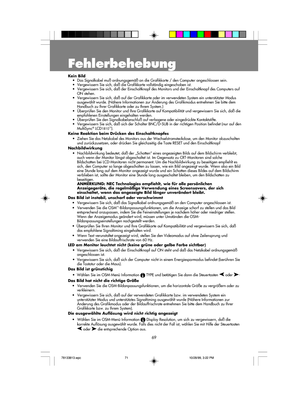 NEC LCD1810 user manual Fehlerbehebung, Kein Bild 