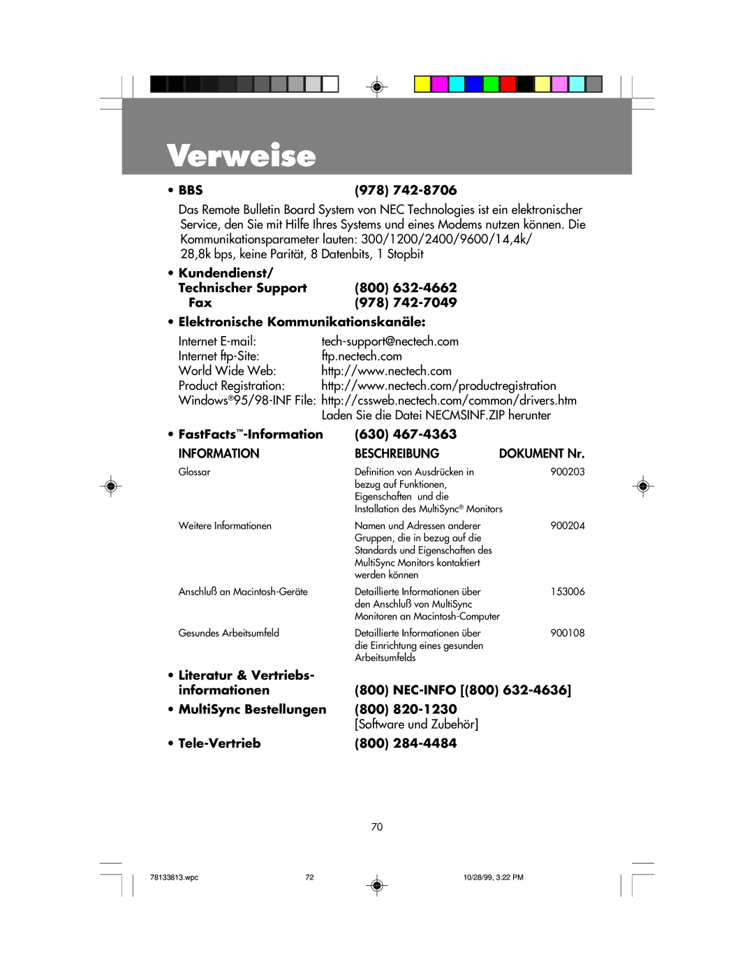 NEC LCD1810 user manual Verweise, FastFacts-Information 630, Tele-Vertrieb 800, Dokument Nr 