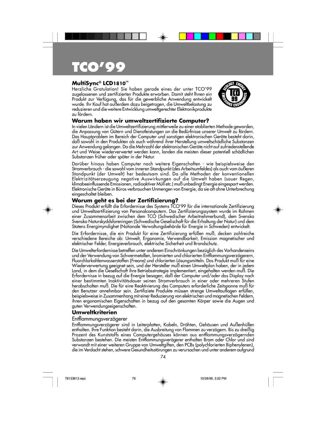 NEC LCD1810 user manual Entflammungsverzögerer 