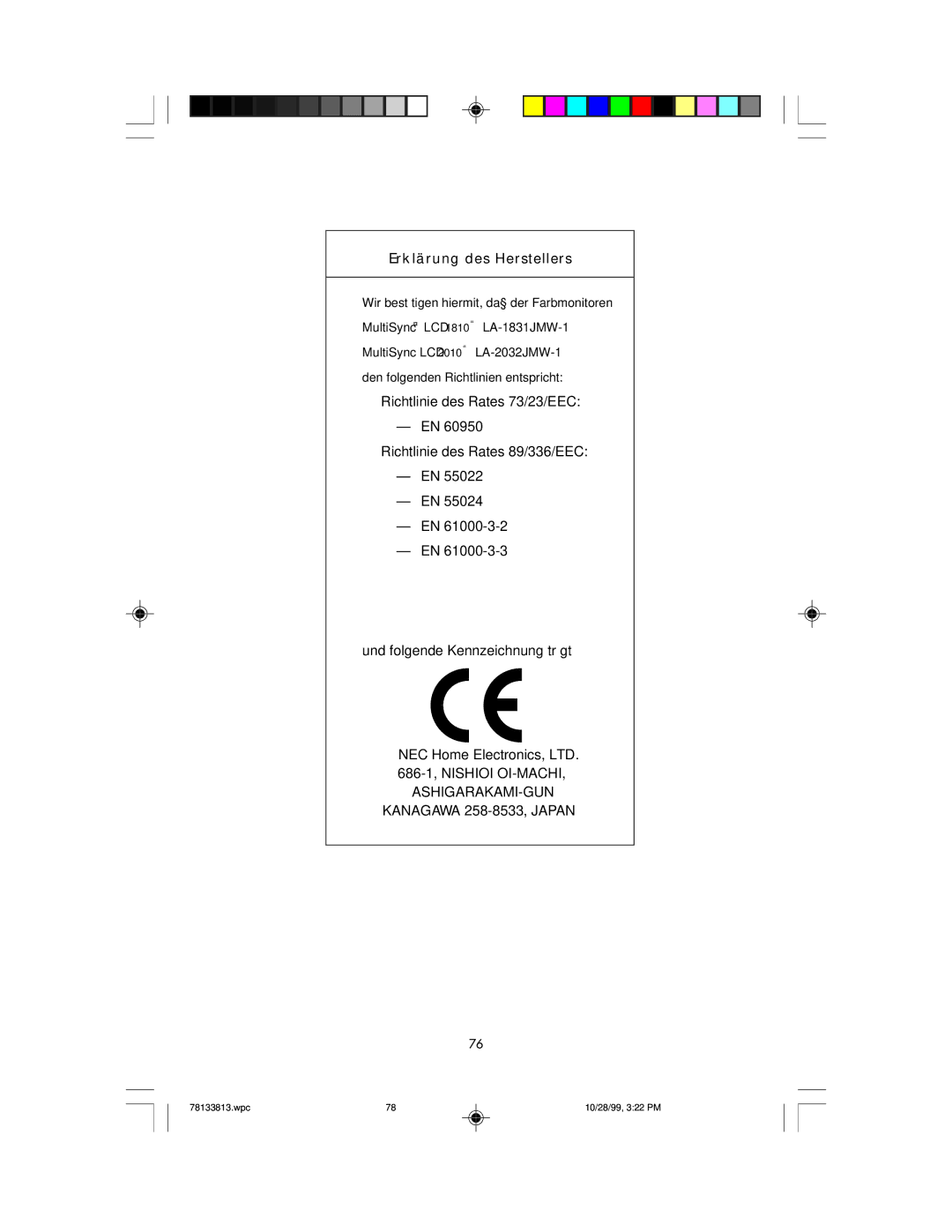 NEC LCD1810 user manual Erklärung des Herstellers 