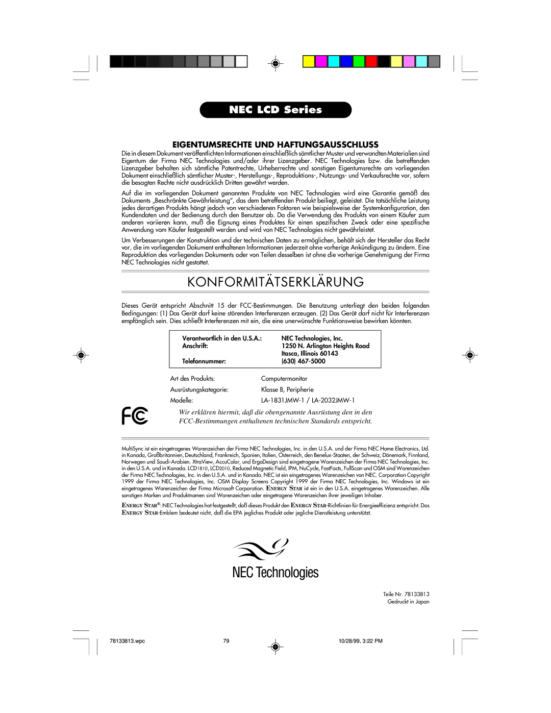 NEC LCD1810 user manual Konformitätserklärung 