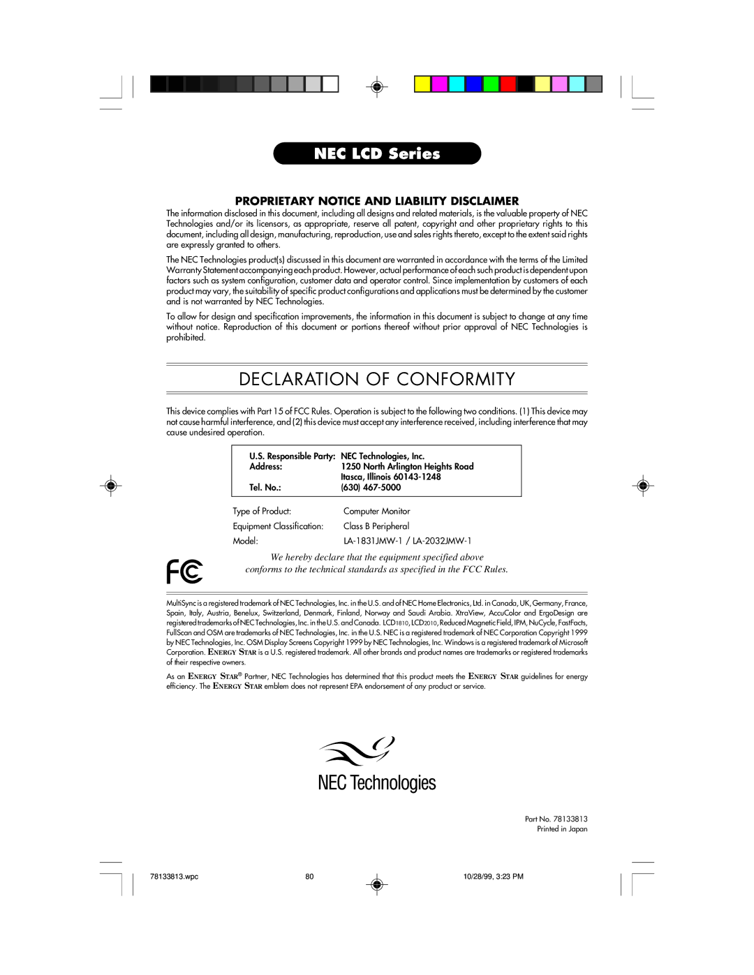 NEC LCD1810 user manual Declaration of Conformity 