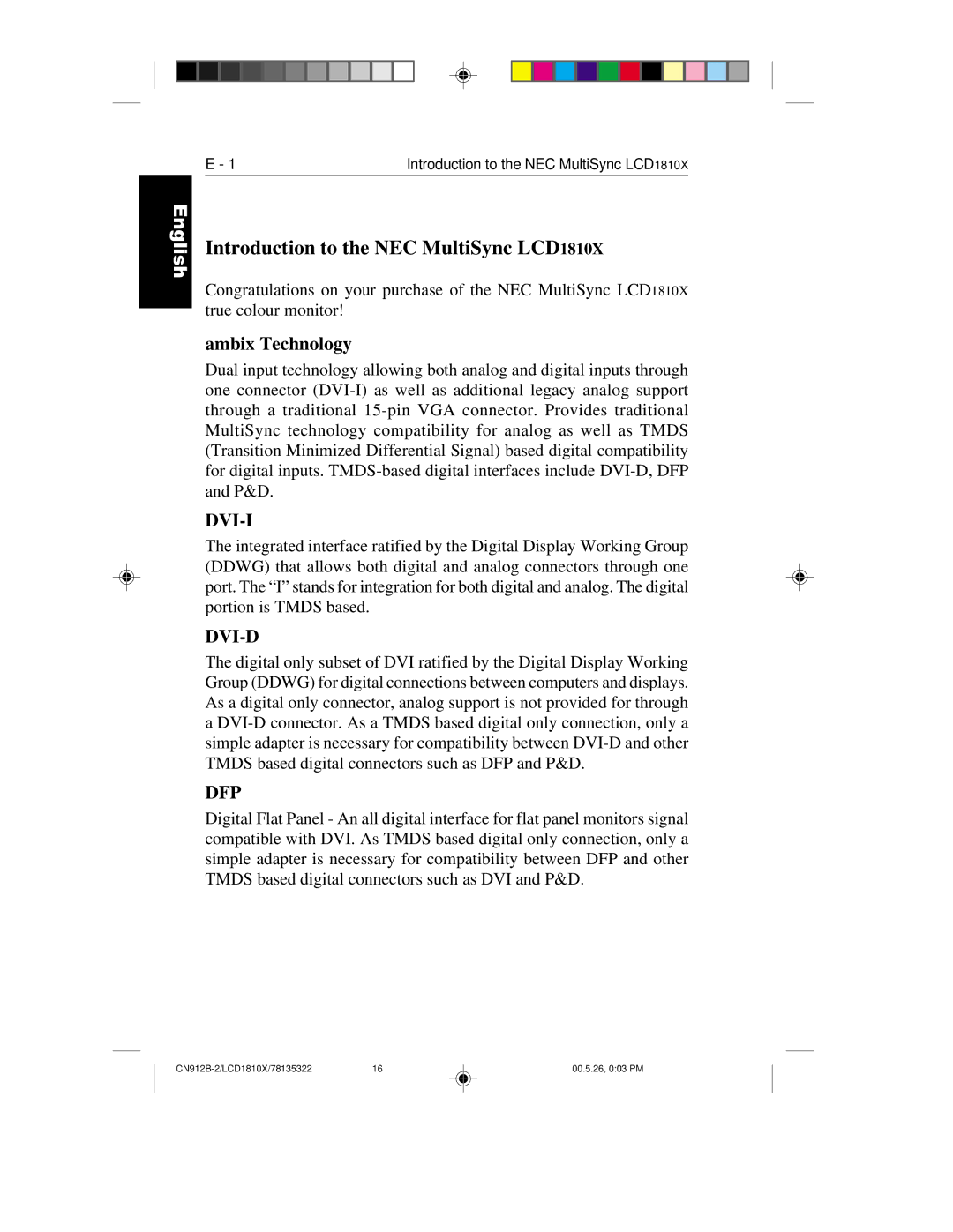 NEC user manual Introduction to the NEC MultiSync LCD1810X, Ambix Technology 