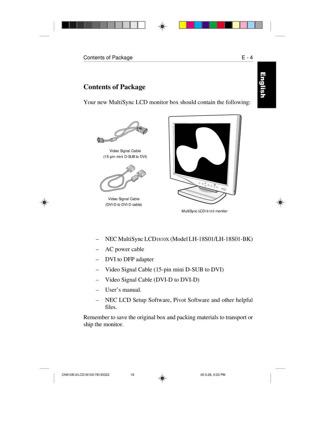 NEC LCD1810X user manual Contents of Package 