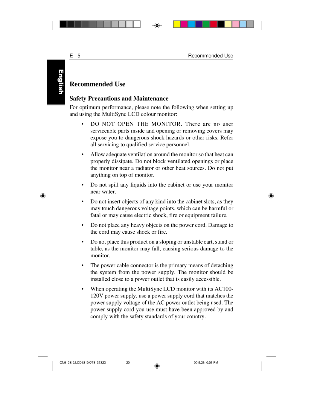 NEC LCD1810X user manual Recommended Use, Safety Precautions and Maintenance 