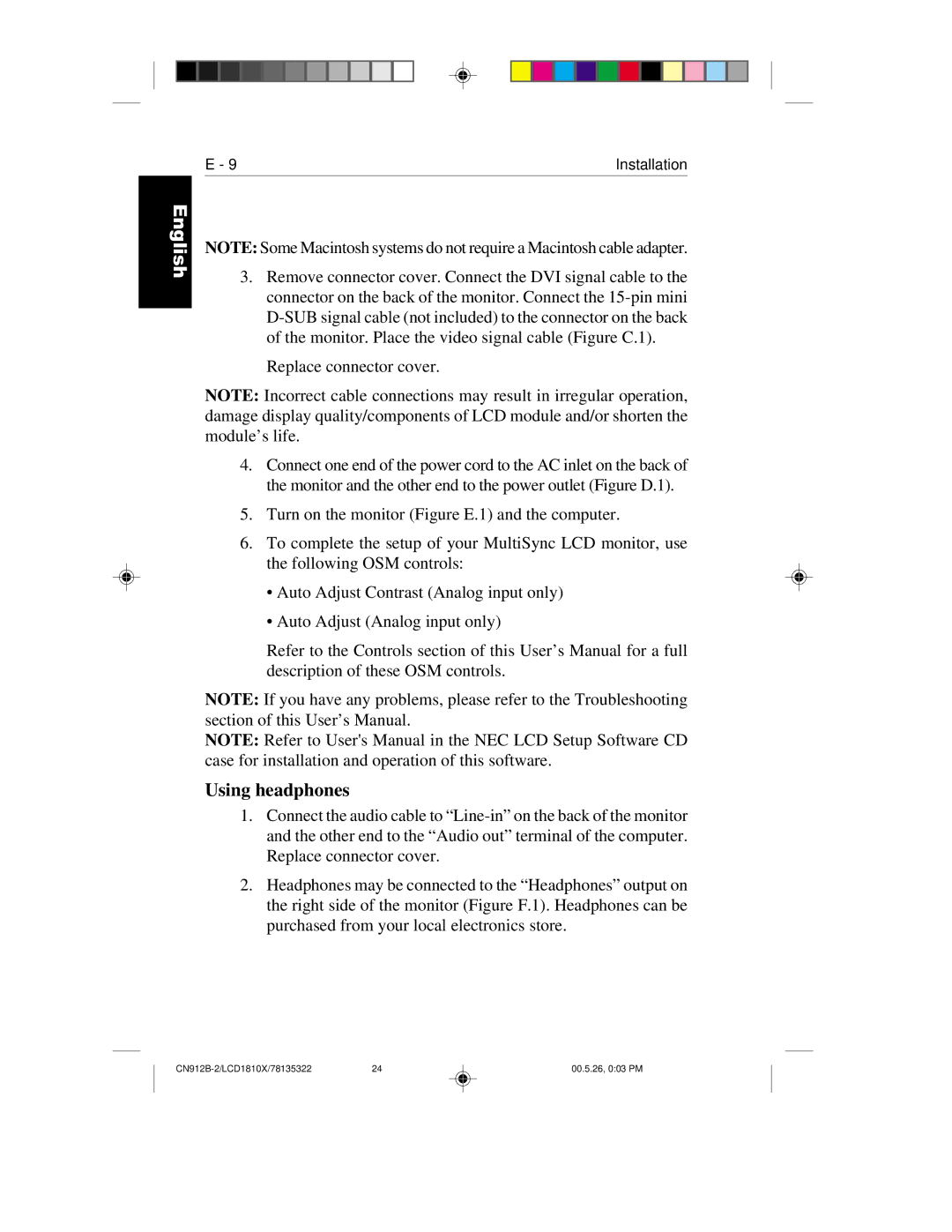 NEC LCD1810X user manual Using headphones, Replace connector cover 