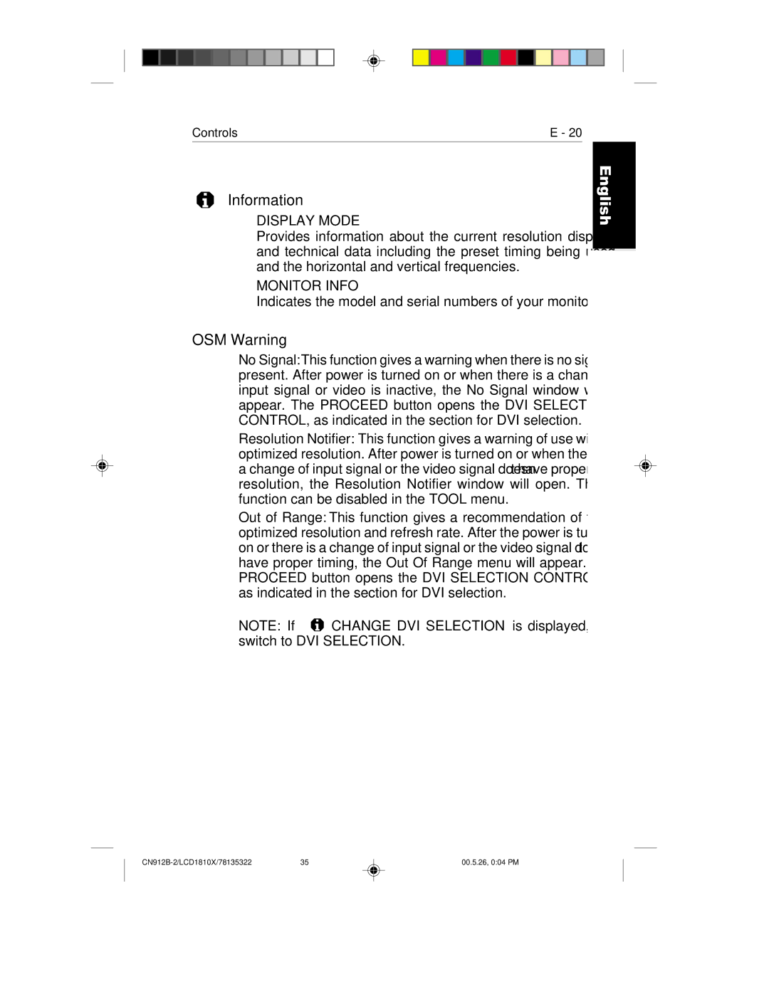 NEC LCD1810X user manual Information, OSM Warning 