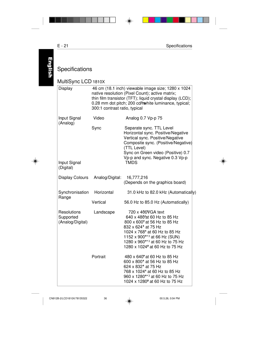 NEC user manual Specifications, MultiSync LCD1810X 