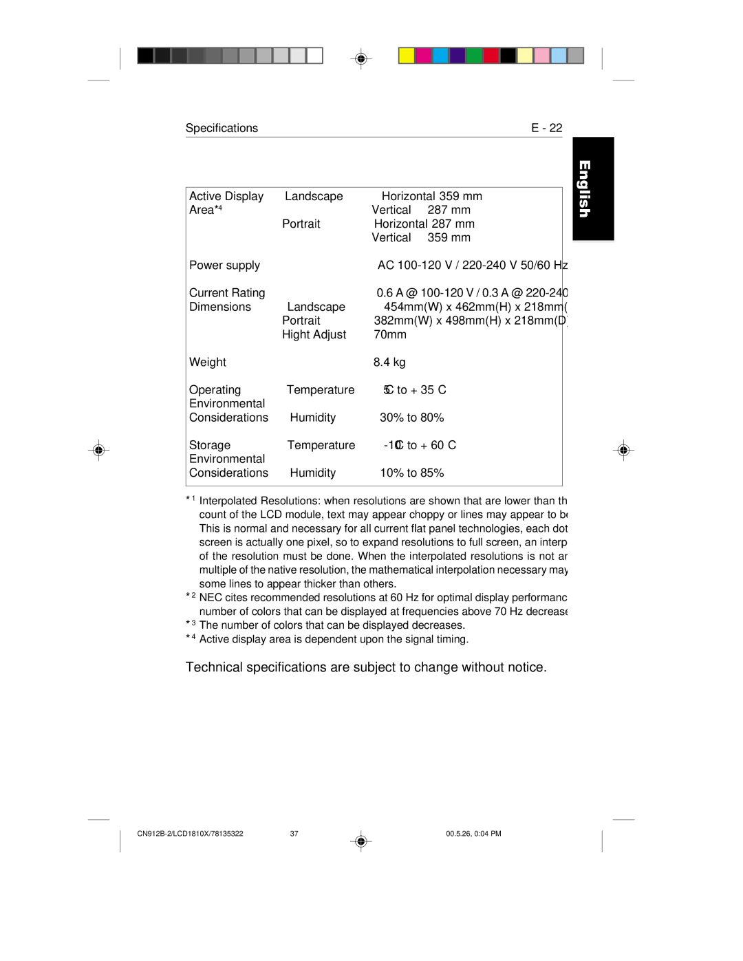 NEC LCD1810X user manual Specifications 