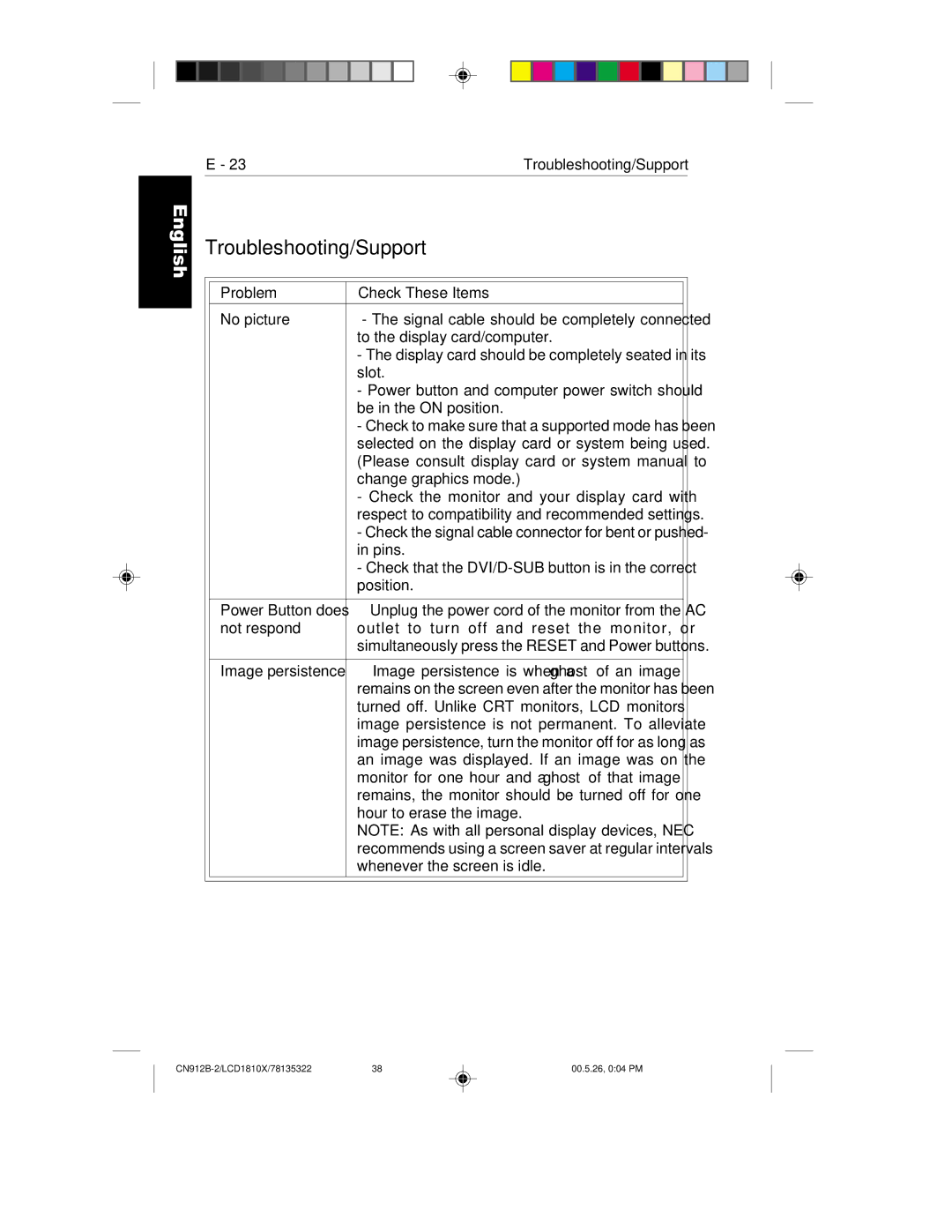 NEC LCD1810X user manual Troubleshooting/Support, Problem Check These Items 