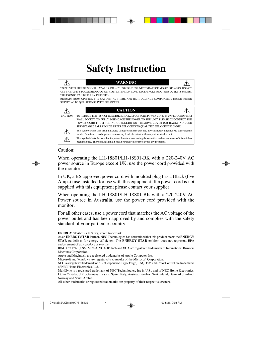 NEC LCD1810X user manual Safety Instruction 