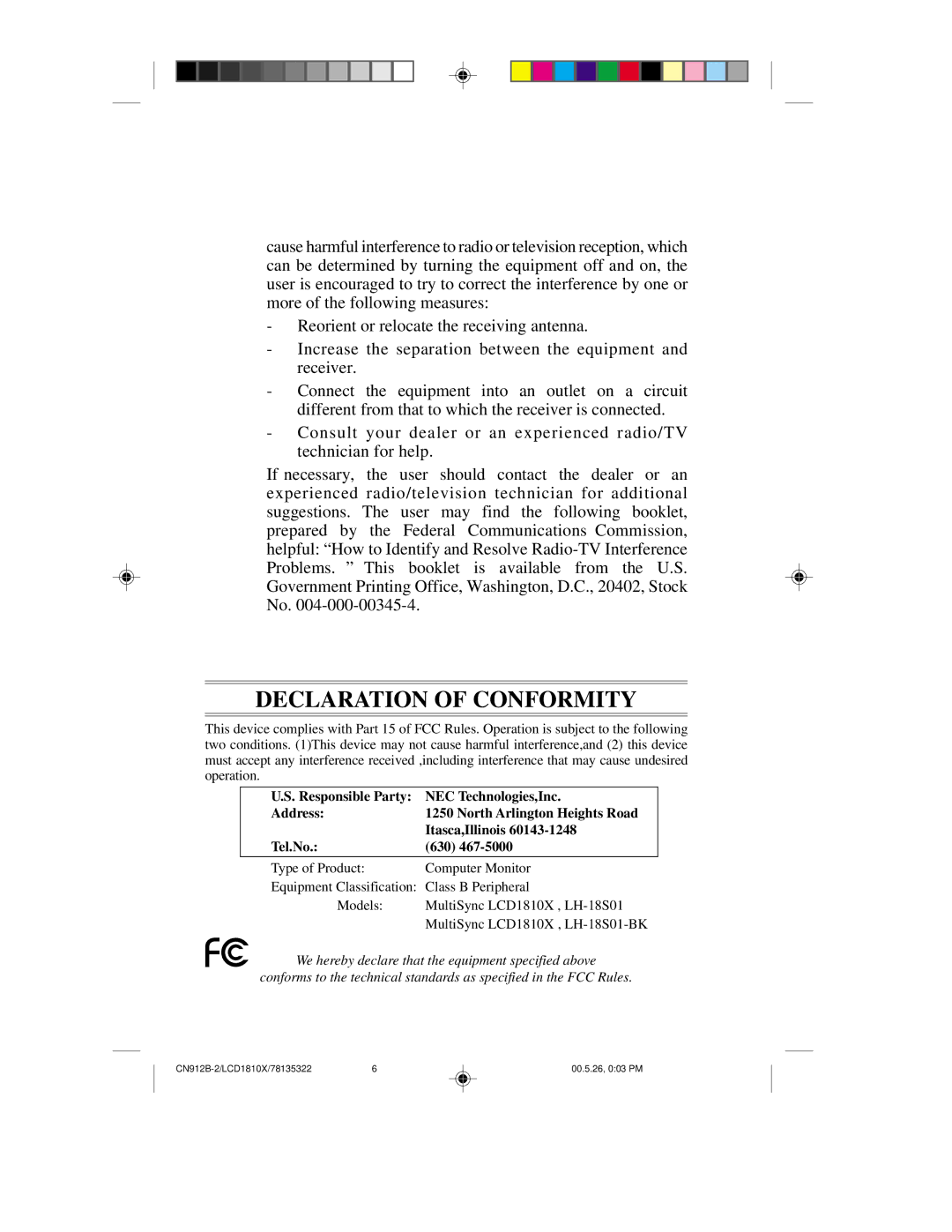 NEC LCD1810X user manual Declaration of Conformity 