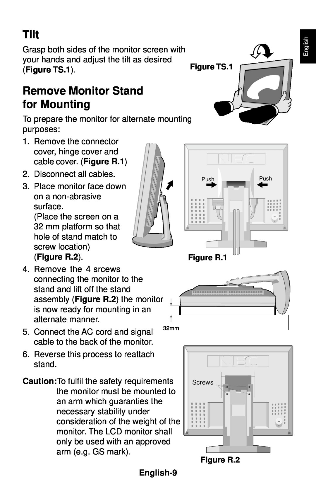 NEC LCD1830 user manual Tilt, Remove Monitor Stand for Mounting, Figure TS.1, Figure R.2, English-9 