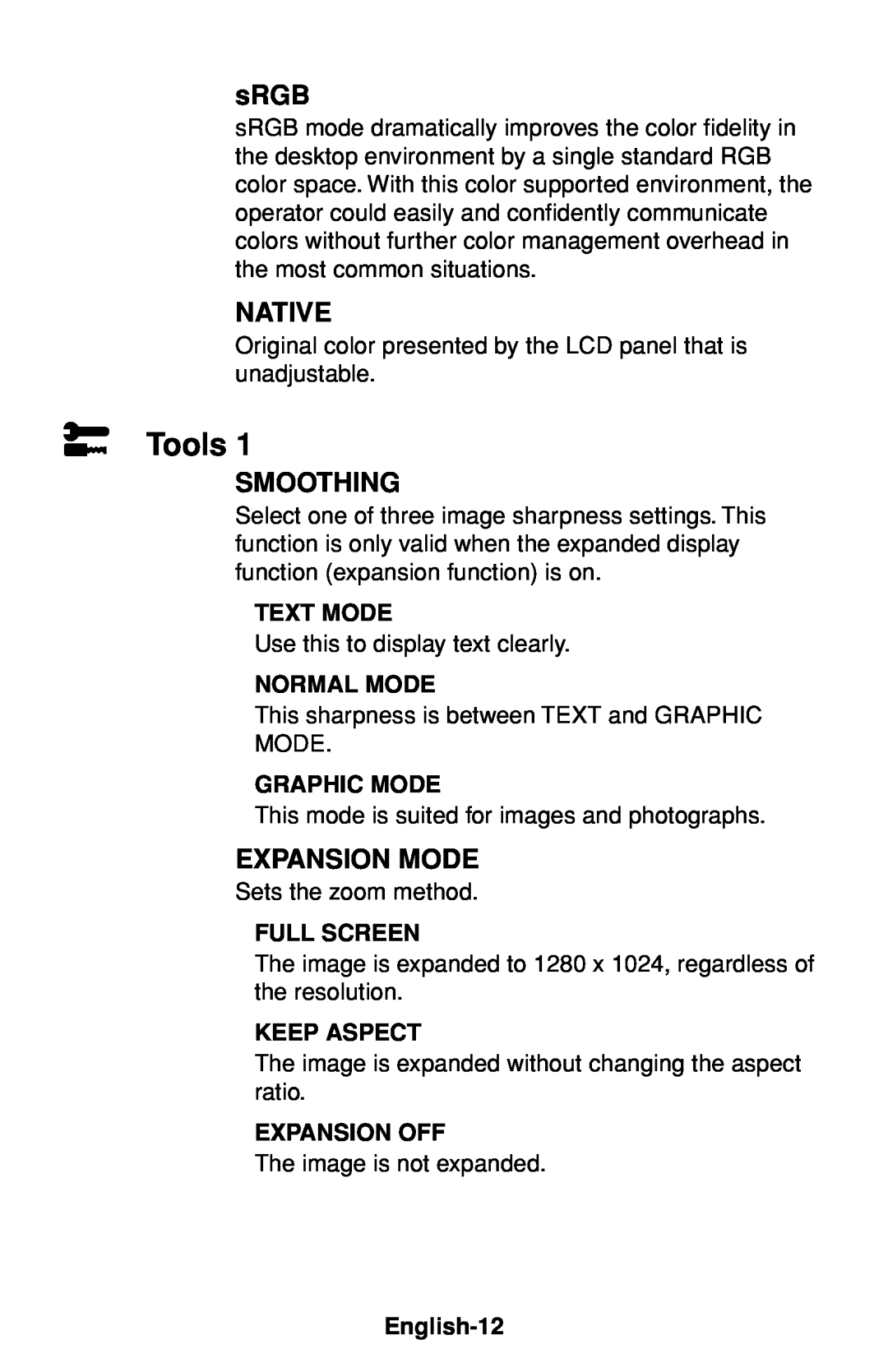 NEC LCD1830 user manual Tools, sRGB, Native, Smoothing, Expansion Mode 