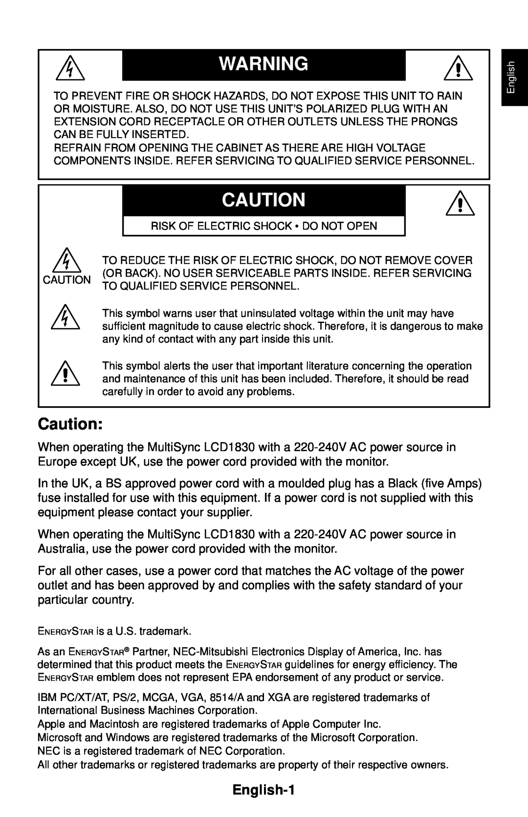 NEC LCD1830 user manual English-1 