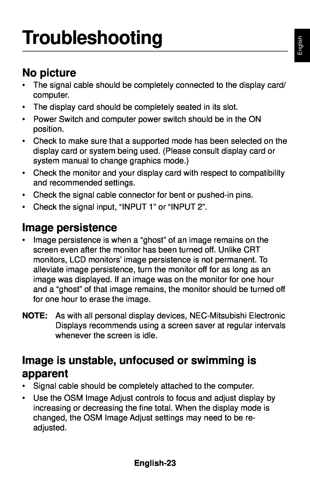 NEC LCD1830 Troubleshooting, No picture, Image persistence, Image is unstable, unfocused or swimming is apparent 