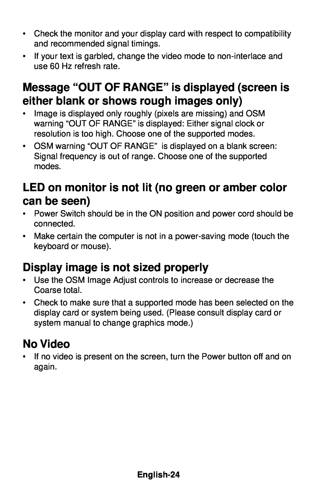 NEC LCD1830 LED on monitor is not lit no green or amber color can be seen, Display image is not sized properly, No Video 