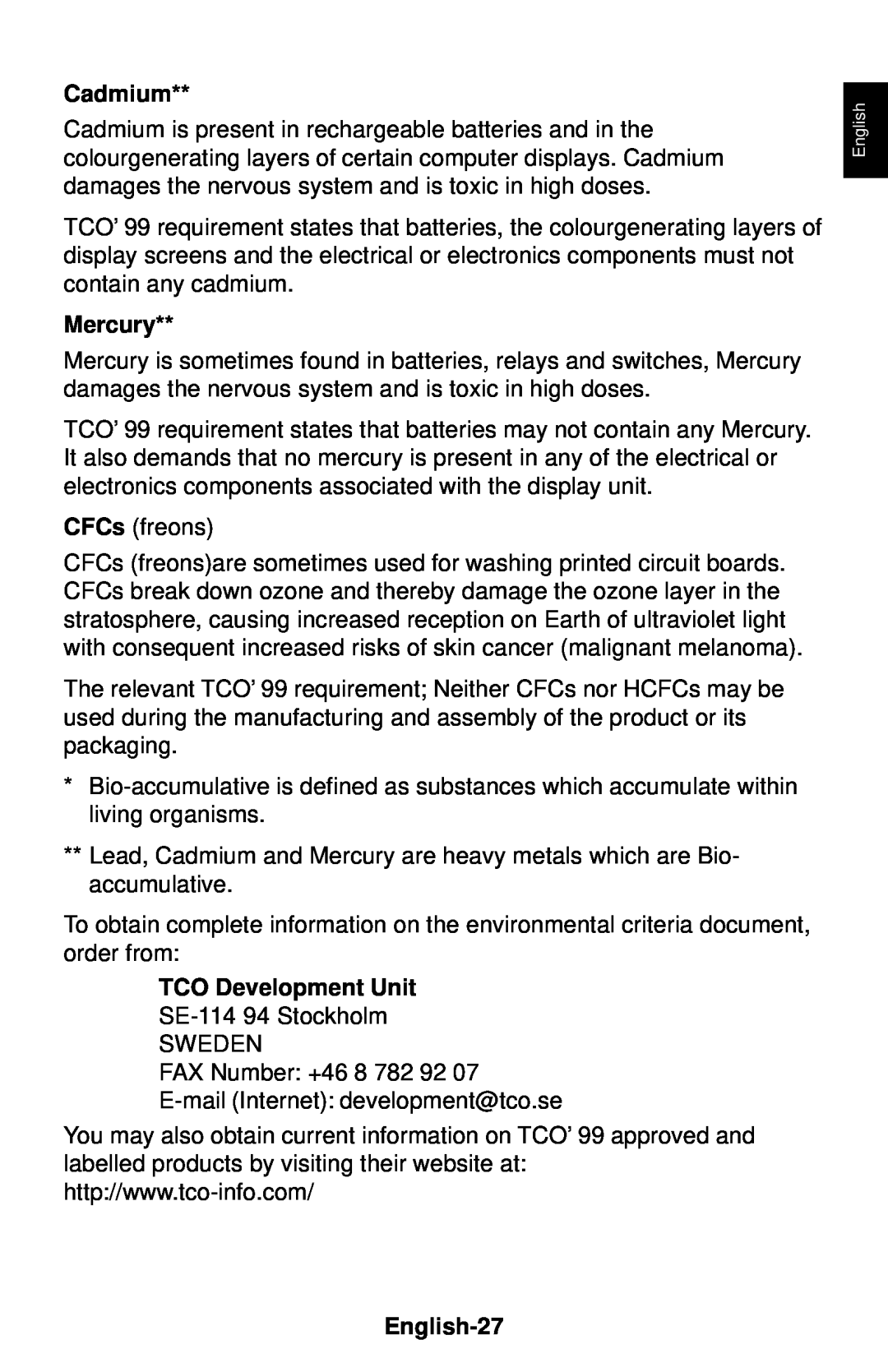 NEC LCD1830 user manual Cadmium, Mercury, TCO Development Unit, English-27 
