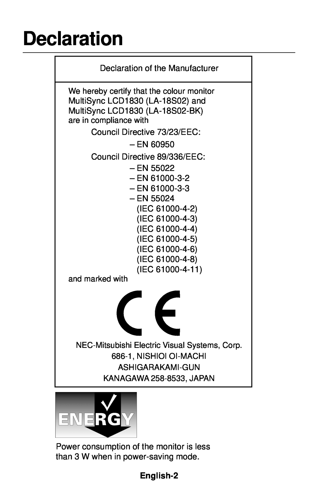 NEC LCD1830 user manual Declaration, English-2 